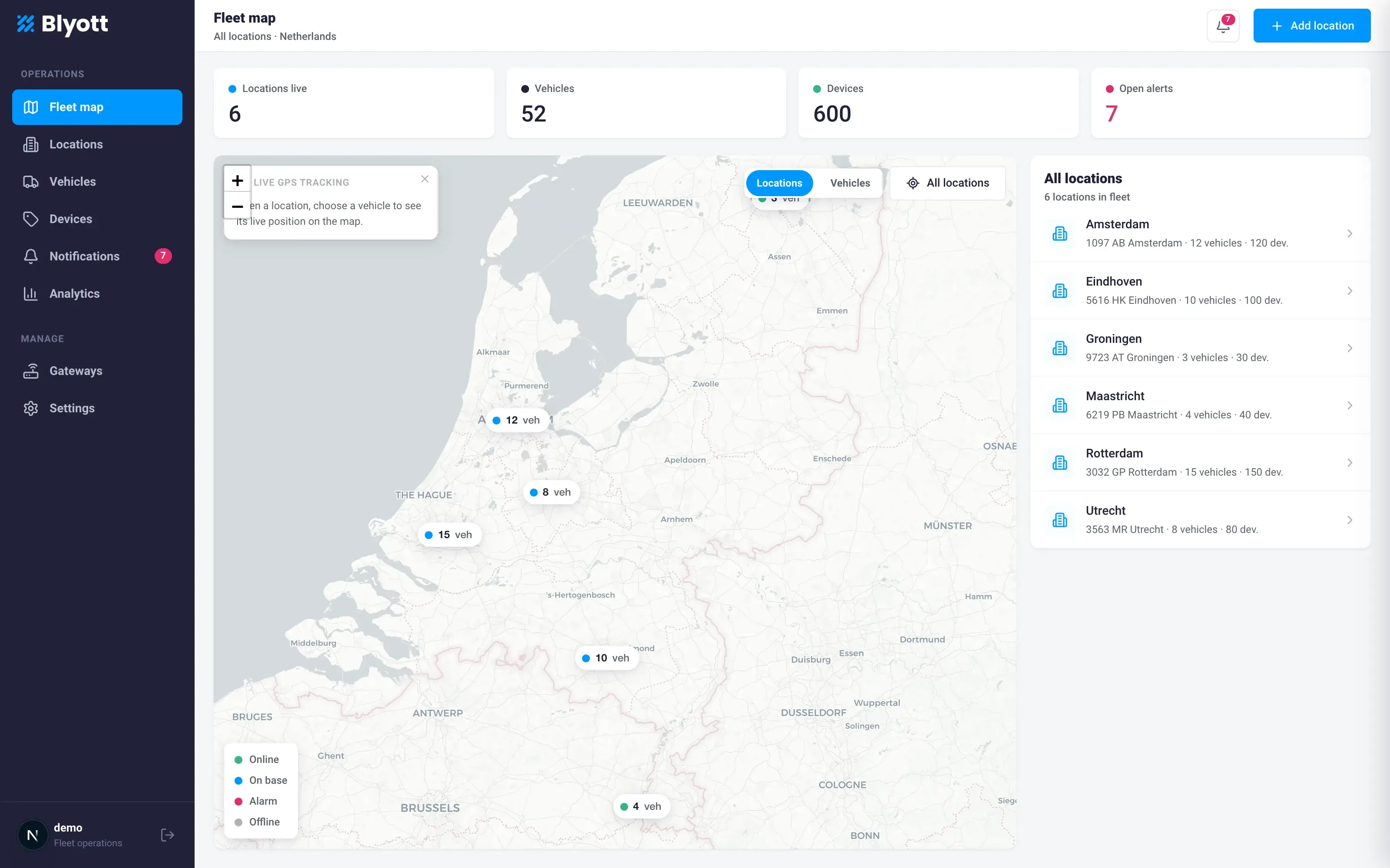 The Blyott Fleet map dashboard — live locations, vehicles and devices across all bases