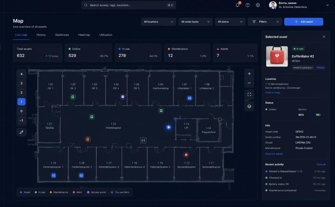 Blyott live assetkaart — elk getagd hulpmiddel real-time gelokaliseerd